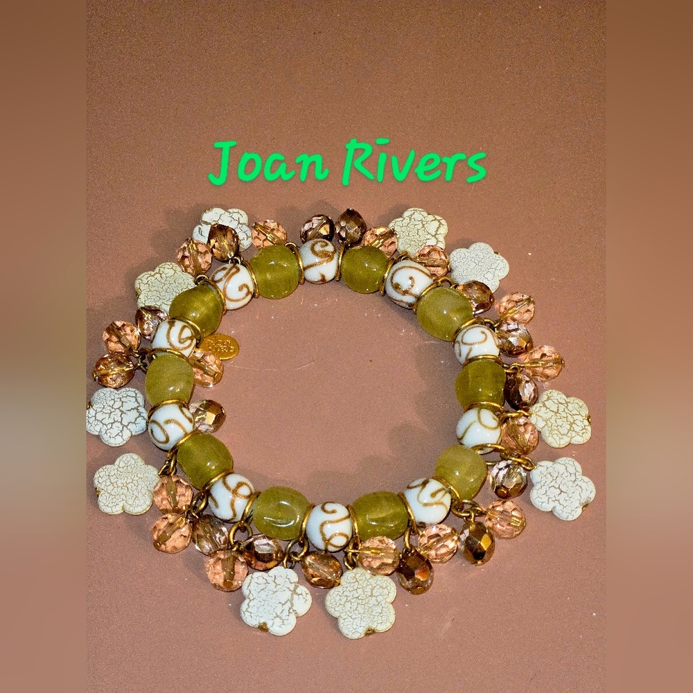Joan Rivers rose gold,& olive green glass bead & charm stretch bracelet - Picture 2 of 11
